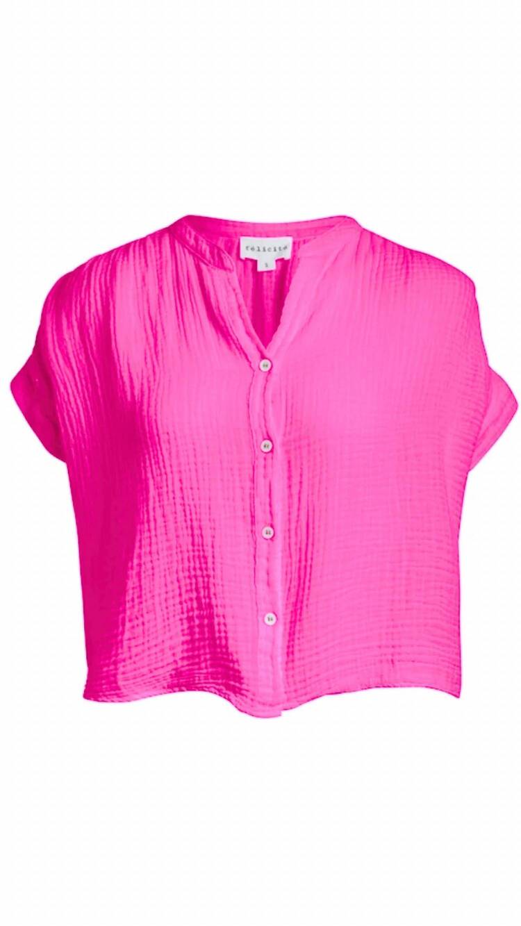 NEW FELICITE women's button-down short sleeve top in hot pink